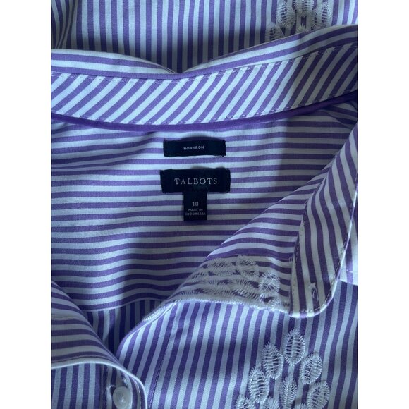 Talbots Perfect Purple White Floral Striped Non-Iron Collared Button Front Long - Picture 6 of 12
